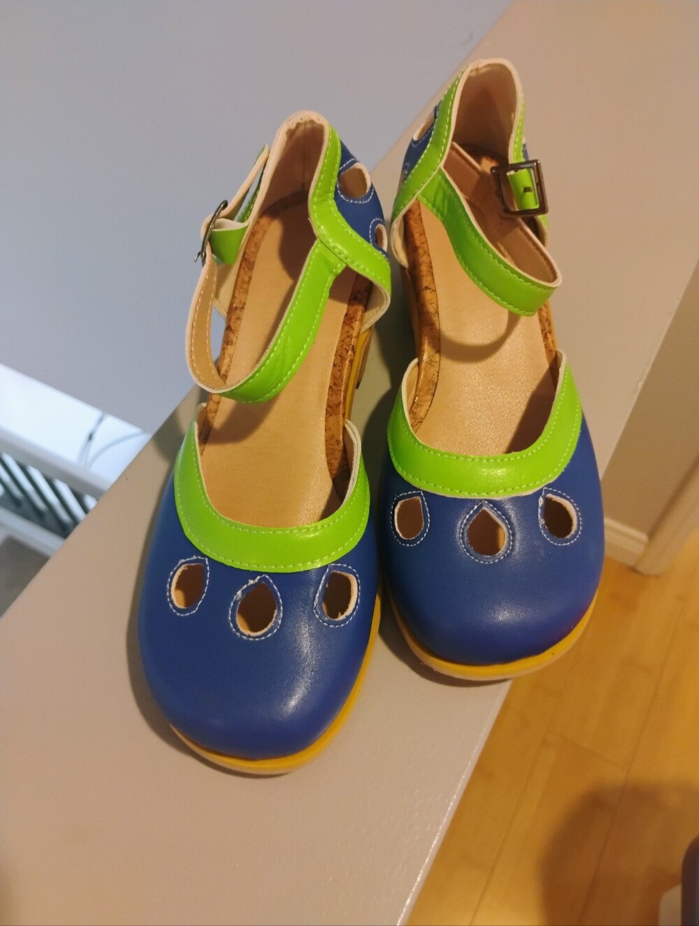Blue & Green Mary Jane Block Kitten Heel Shoes Size EU 36